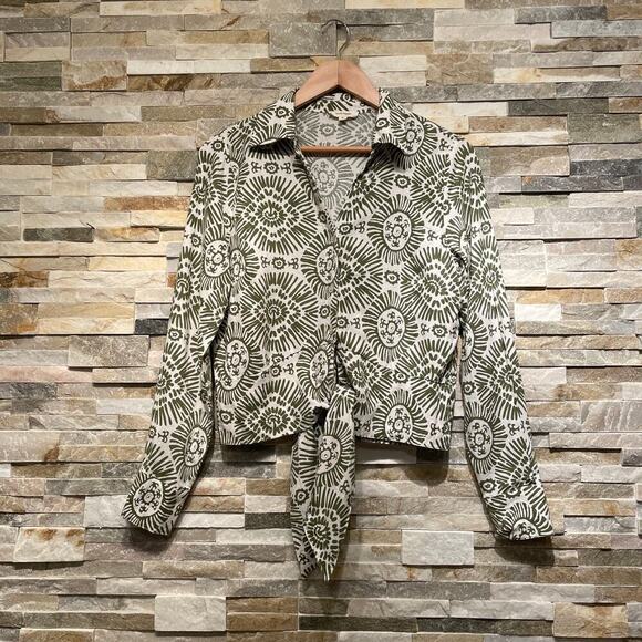 Haute Hippie Green Sunburst Blouse, M | Linen Blend, Tie-Front, Boho Luxe NWOT - Picture 9 of 9